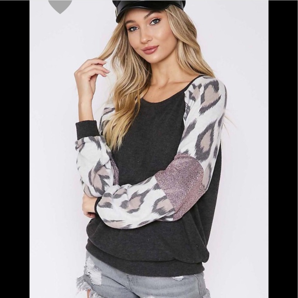 Mauve and charcoal mixed media top